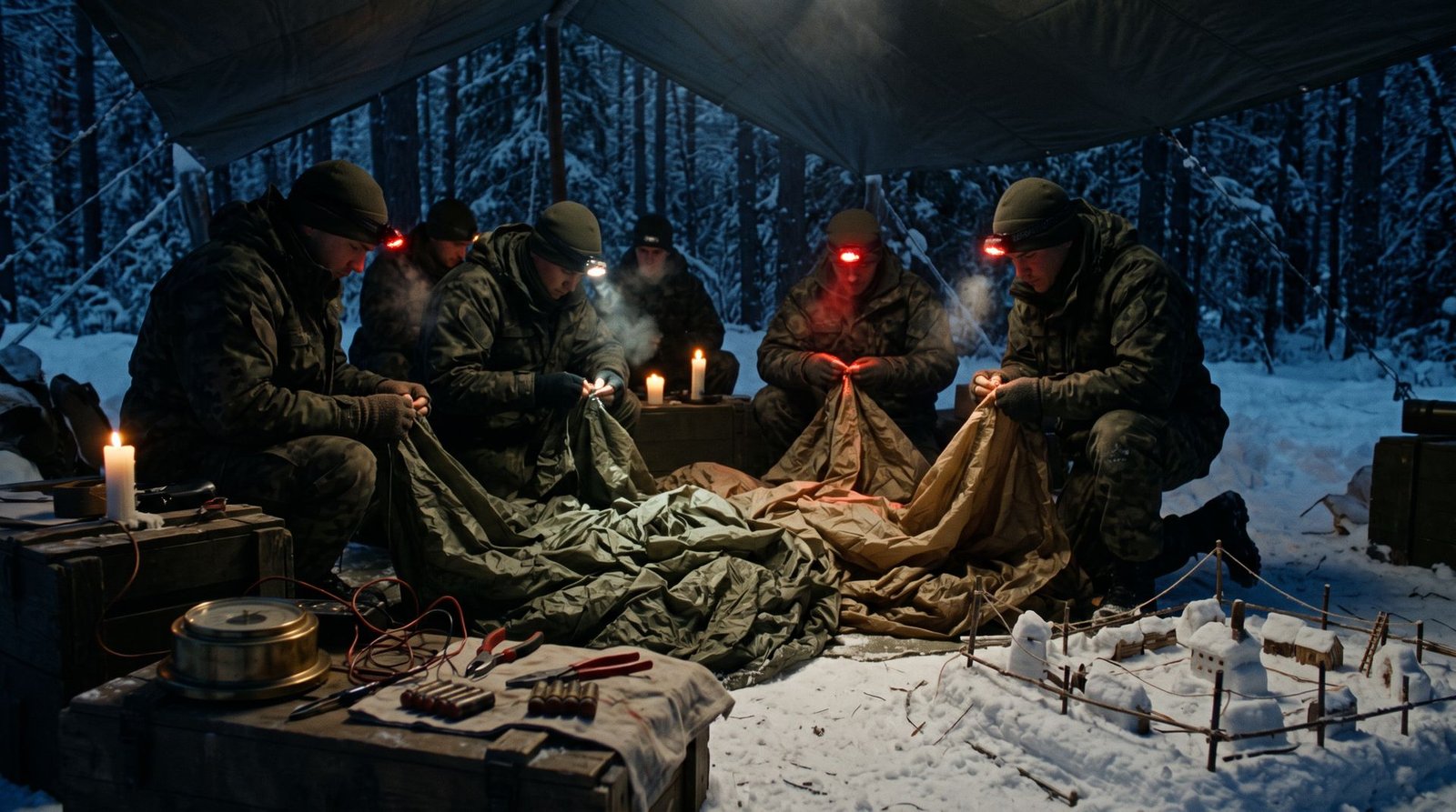 Operators sewing parachute nylon into a balloon by candlelight beside a snow sand table of Trenton